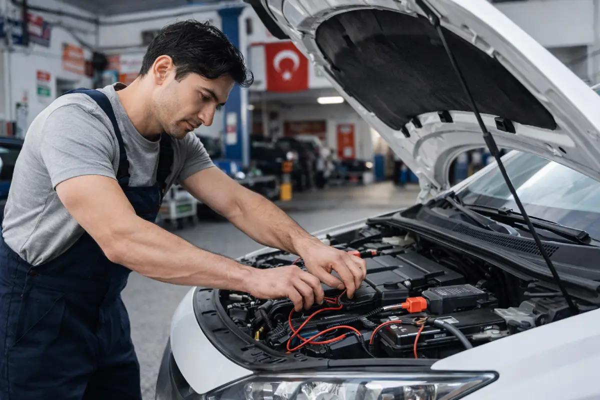 araç elektrik arıza tespiti yapan oto elektrik ustası araç elektrik sistemini kontrol ederken