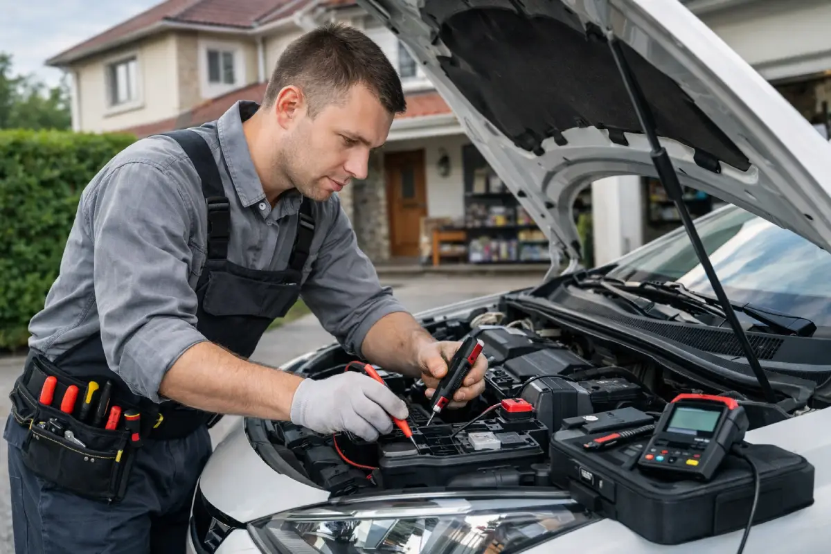 evde oto elektrik hizmeti veren mobil oto elektrik ustası araç elektrik arızasını yerinde kontrol ederken