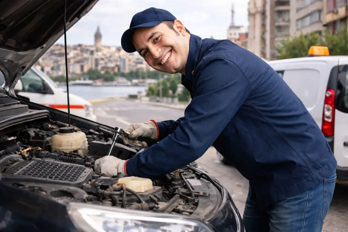 Mobil oto elektrik hizmeti veren gezici oto elektrikçi araç akü ve elektrik arızasını kontrol ediyor
