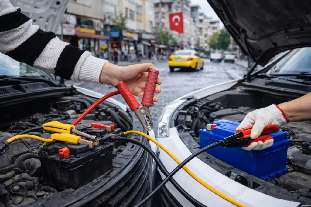 istanbul akü takviye hizmeti biten araç aküsünü takviye kablosu ile çalıştıran oto elektrik ustası