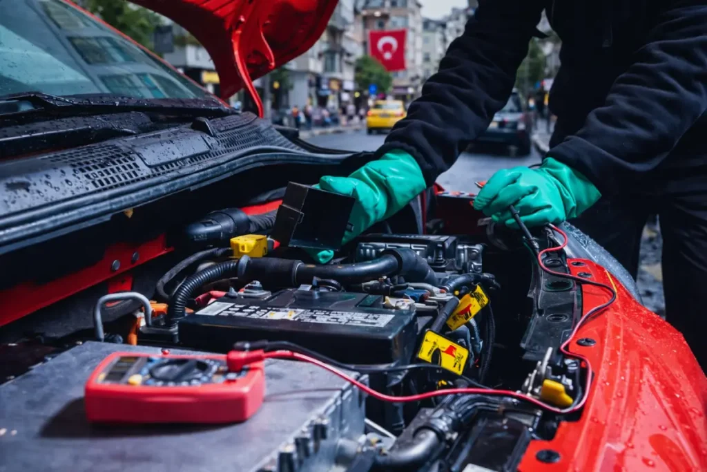 istanbul oto elektrik ustası araç elektrik arızasını kontrol ederken mobil oto elektrik hizmeti