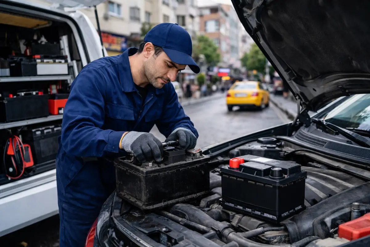mobil akü değişimi yapan oto elektrik ustası yolda aracın aküsünü değiştirirken