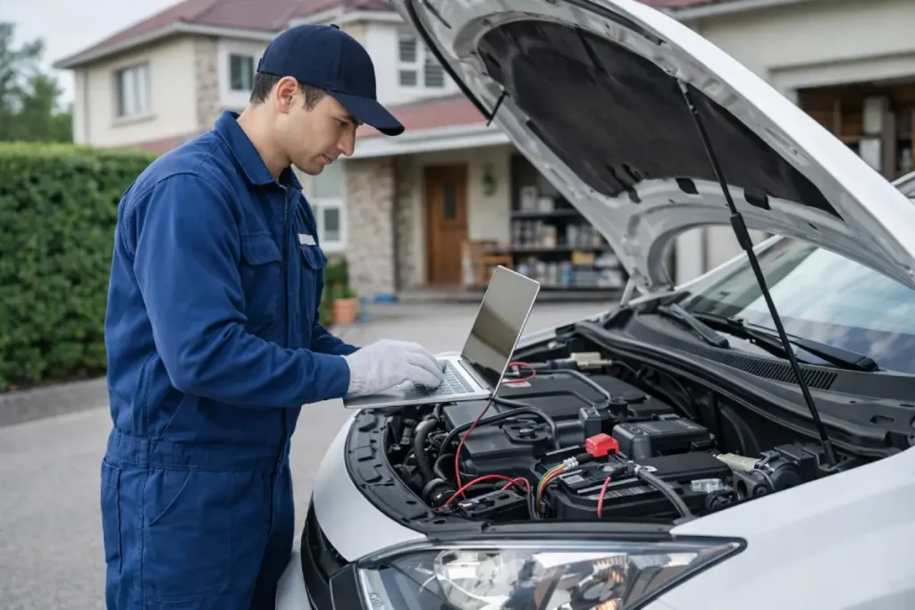 evde mobil oto elektrik hizmeti araç elektrik sistemini kontrol eden oto elektrik ustası