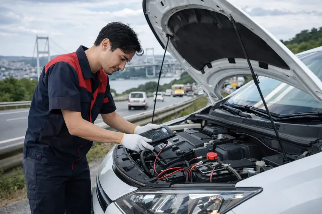 yerinde araç elektrik tamiri nedir mobil oto elektrik ustası araç elektrik arızasını kontrol ederken