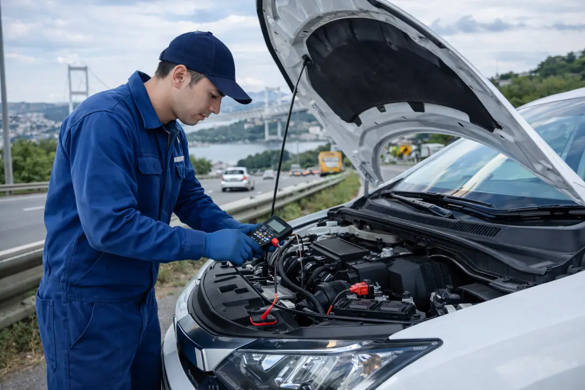 yerinde araç elektrik tamiri yapan mobil oto elektrik ustası araç elektrik arızasını kontrol ederken